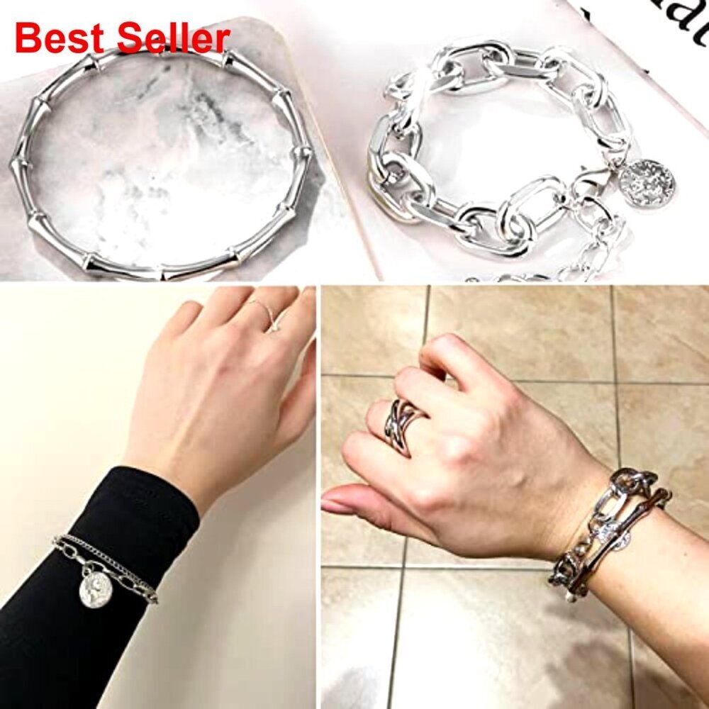 Stackable Silver-Plated Bracelets Set Adjustable Chain Cuff Bangles - Picture 5 of 7